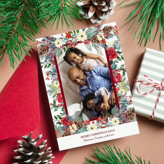 クリスマスの素朴なフローラの家族の写真の赤ブルゴーニュ シーズンカード
