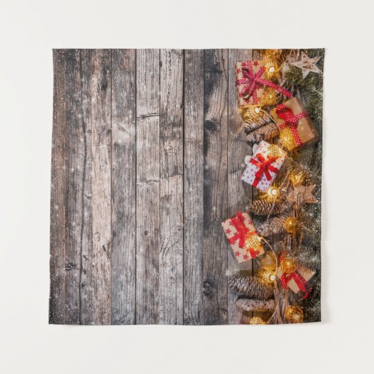 クリスマスの素朴な背景、木製の厚板。 タペストリー (正面(横))