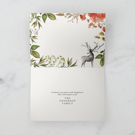 クリスマスの素朴な葉の牡鹿の写真は赤と緑 シーズンカード (内部)