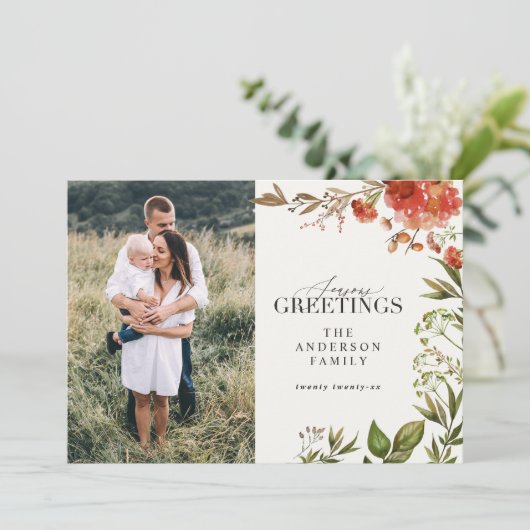 クリスマスの素朴な葉の牡鹿の写真は赤と緑 シーズンカード (スタンド正面)