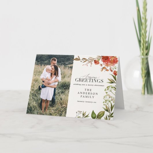 クリスマスの素朴な葉の牡鹿の写真は赤と緑 シーズンカード (正面)