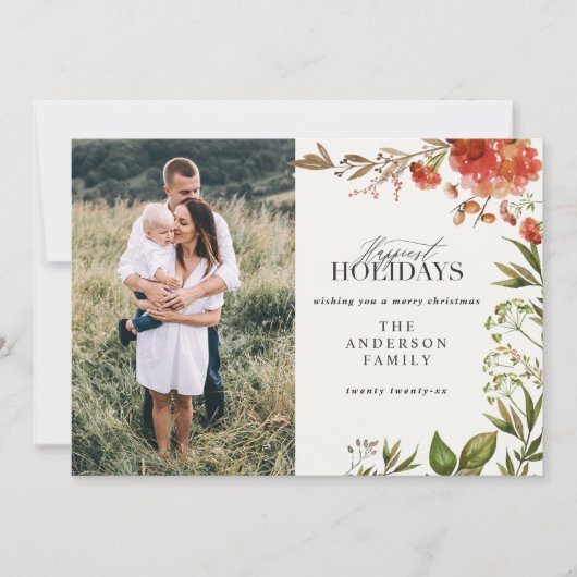 クリスマスの素朴な葉の牡鹿の写真は赤と緑 シーズンカード (正面)