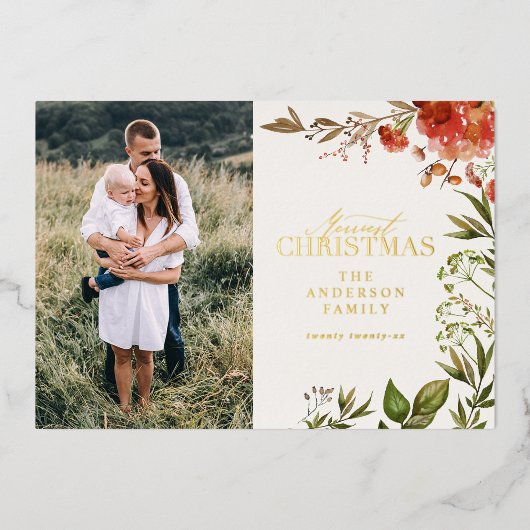 クリスマスの素朴な葉の牡鹿の写真は赤と緑 箔シーズンカード (正面)