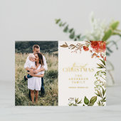 クリスマスの素朴な葉の牡鹿の写真は赤と緑 箔シーズンカード (立ち正面)