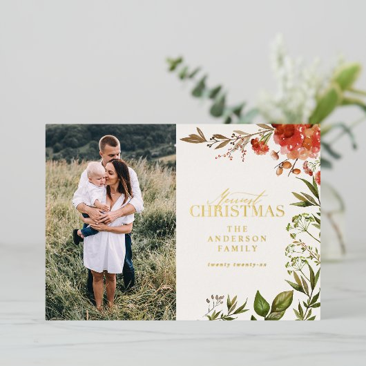 クリスマスの素朴な葉の牡鹿の写真は赤と緑 箔シーズンカード (立ち正面)