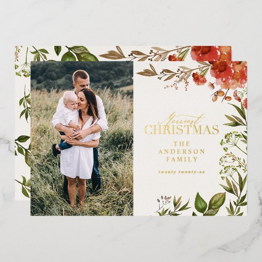 クリスマスの素朴な葉の牡鹿の写真は赤と緑 箔シーズンカード (正面/裏面)