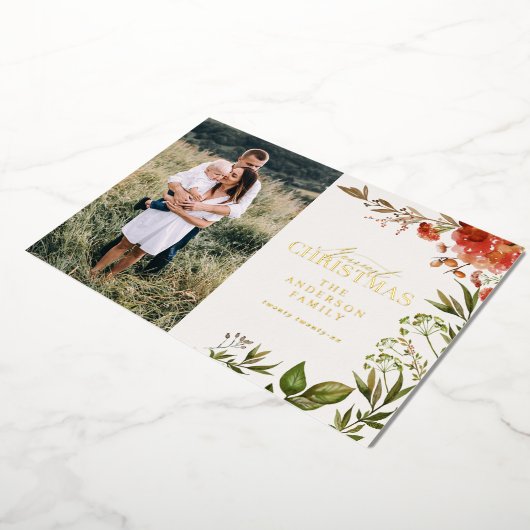 クリスマスの素朴な葉の牡鹿の写真は赤と緑 箔シーズンカード (回転した状態)