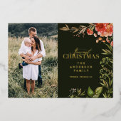 クリスマスの素朴な葉の牡鹿の写真は赤と緑 箔シーズンカード (正面)