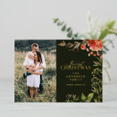 クリスマスの素朴な葉の牡鹿の写真は赤と緑 箔シーズンカード (立ち正面)