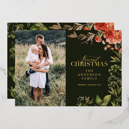 クリスマスの素朴な葉の牡鹿の写真は赤と緑 箔シーズンカード (正面/裏面)