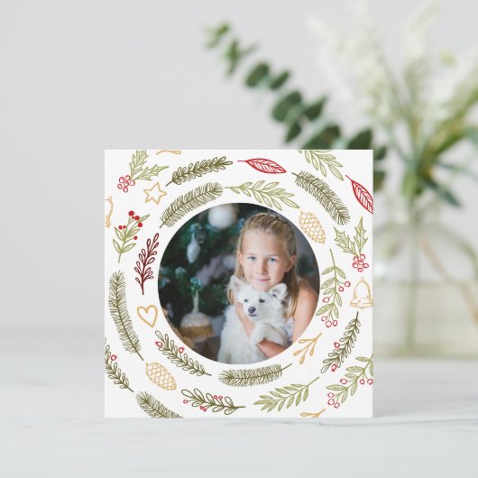 クリスマスの素朴写真の葉と冬の実 シーズンカード (スタンド正面)