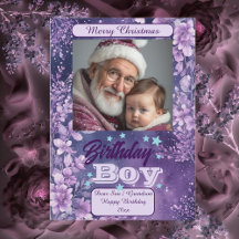 クリスマスの紫の花の水彩 誕生日の少年