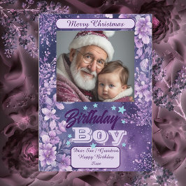 クリスマスの紫の花の水彩 誕生日の少年 シーズンカード