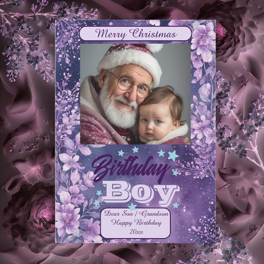 クリスマスの紫の花の水彩 誕生日の少年 シーズンカード