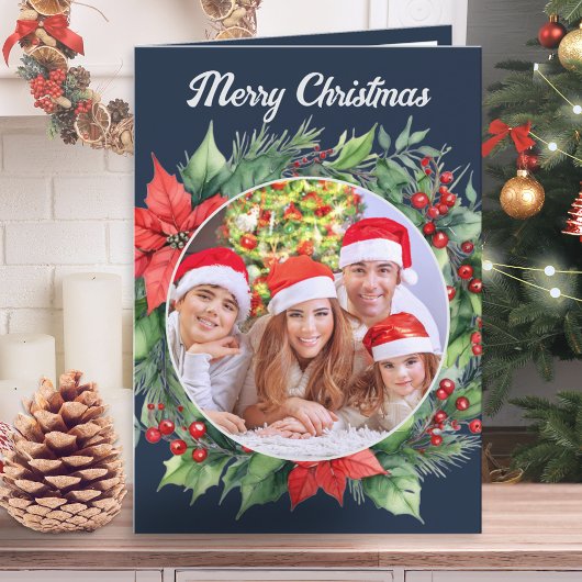 クリスマスの紺色のリースの家族写真 シーズンカード