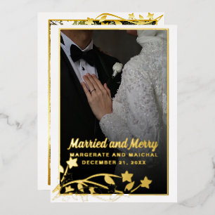 クリスマスの結婚した写真とメリー金ゴールド 箔シーズンカード
