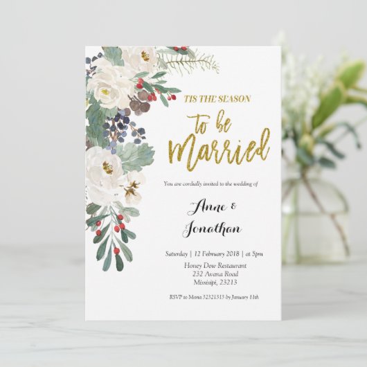 クリスマスの結婚式にぴったりな花のデザイン 招待状 (スタンド正面)