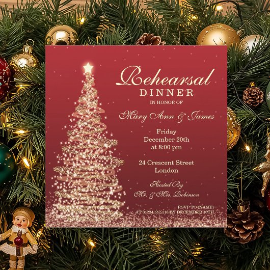クリスマスの結婚式のリハーサルの夕食の赤の金ゴールド 招待状