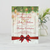 クリスマスの結婚金ゴールド飾りと赤いリボン 招待状 (スタンド正面)