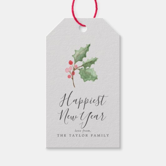 クリスマスの緑が最も幸せな新年 |グレー ギフトタグ (正面)
