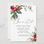 クリスマスの緑と赤い果実の保存日 招待状 (正面)