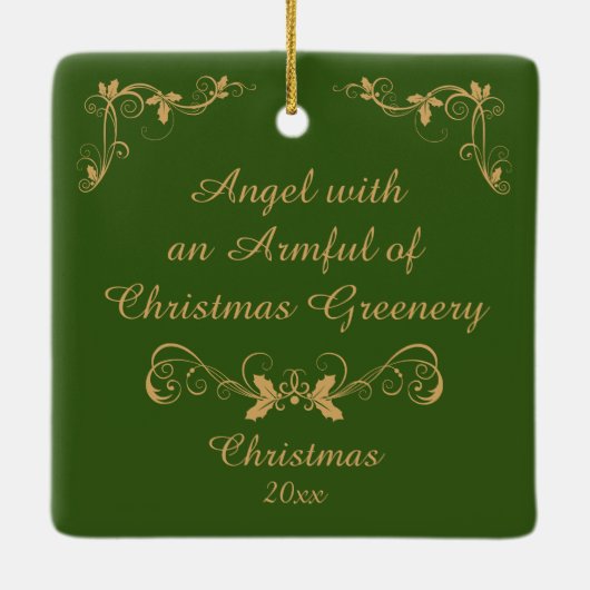 クリスマスの緑に輝く天使 セラミックオーナメント (裏面)