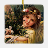 クリスマスの緑に輝く天使 セラミックオーナメント (正面)
