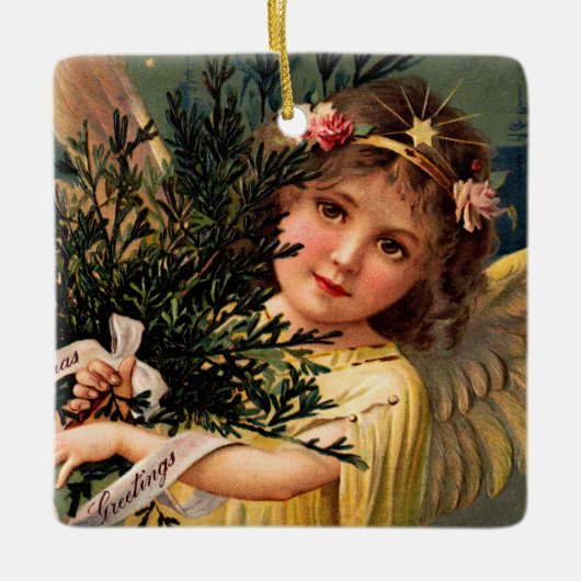 クリスマスの緑に輝く天使 セラミックオーナメント (正面)