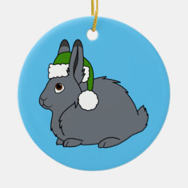 クリスマスの緑のサンタの帽子が付いている灰色の北極ノウサギ セラミックオーナメント