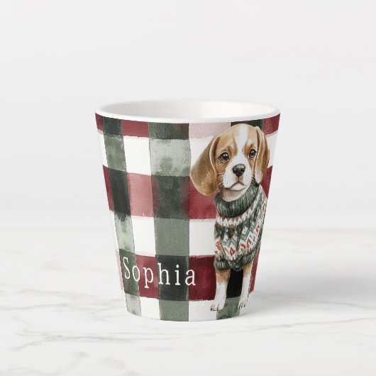 クリスマスの緑のセーターを着た犬 カフェラテマグ (正面)