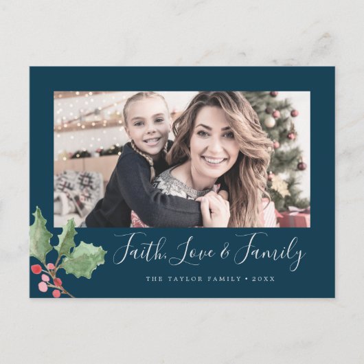 クリスマスの緑の信仰の愛と家族写真 シーズンポストカード (正面)