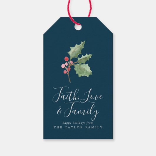 クリスマスの緑の信仰の愛と家族 |ネイビー ギフトタグ (正面)