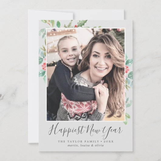 クリスマスの緑の幸せな新年の家族の写真 シーズンカード (正面)