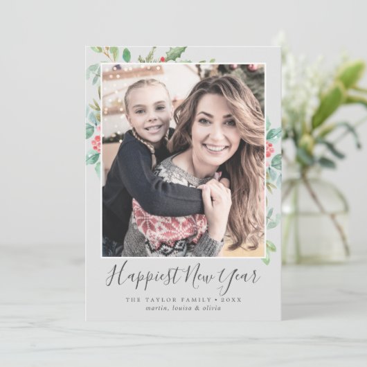 クリスマスの緑の幸せな新年の家族の写真 シーズンカード (スタンド正面)