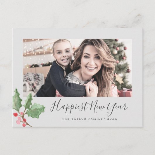 クリスマスの緑の幸せな新年の家族の写真 シーズンポストカード (正面)