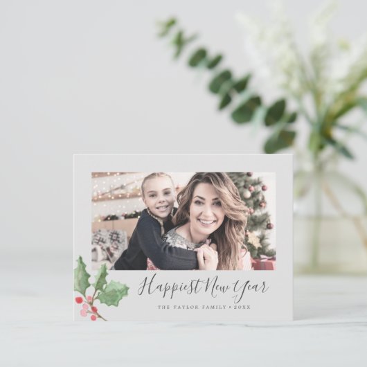 クリスマスの緑の幸せな新年の家族の写真 シーズンポストカード (スタンド正面)