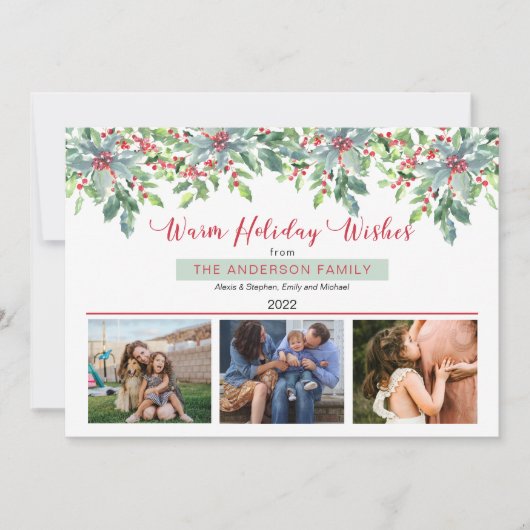 クリスマスの緑の暖かい休日の願い3写真 シーズンカード (正面)