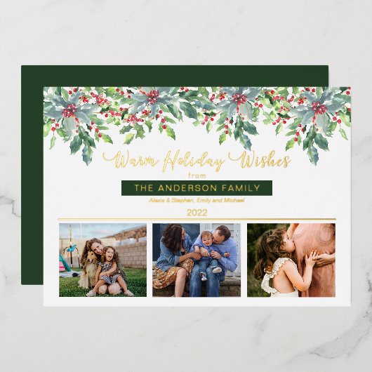 クリスマスの緑の暖かい休日の願い3写真 箔シーズンカード (正面/裏面)