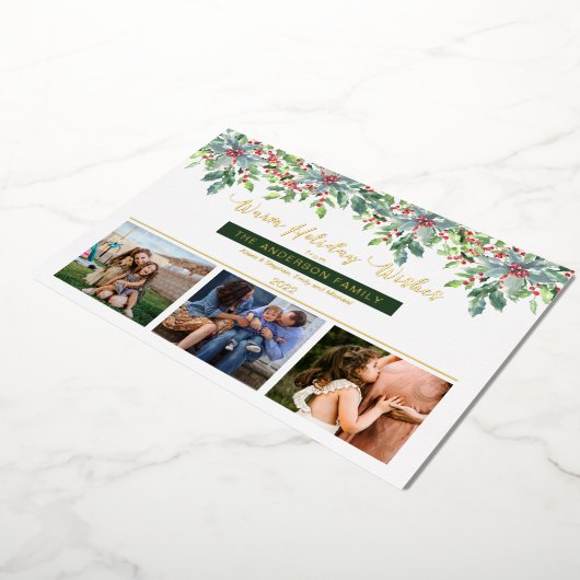 クリスマスの緑の暖かい休日の願い3写真 箔シーズンカード (回転した状態)
