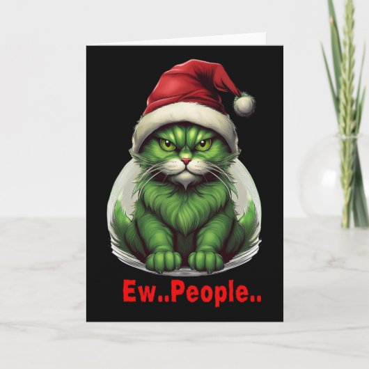クリスマスの緑の猫、うわっ、人の面白い猫 カード (正面)