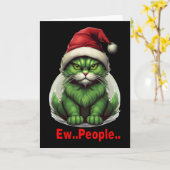 クリスマスの緑の猫、うわっ、人の面白い猫 カード (黄色い花)