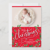クリスマスの緑の赤い写真の誕生のお知らせ シーズンカード (正面)