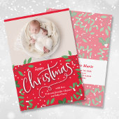 クリスマスの緑の赤い写真の誕生のお知らせ シーズンカード