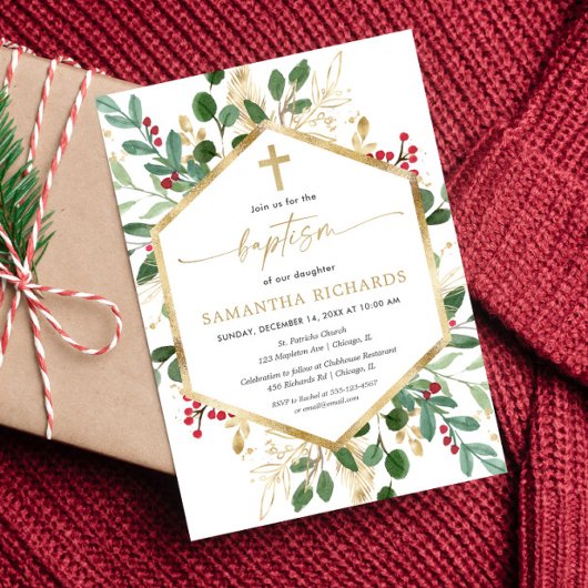 クリスマスの緑の金ゴールド赤はバプテスマ 招待状
