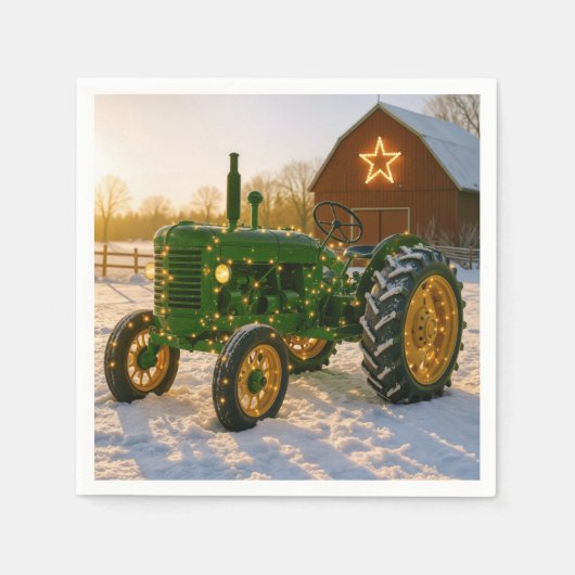 クリスマスの緑色トラクターイルミネーション スタンダードカクテルナプキン (正面)