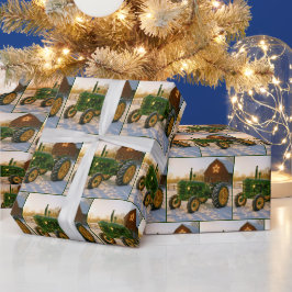 クリスマスの緑色トラクターイルミネーション ラッピングペーパー
