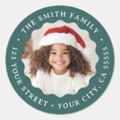 クリスマスの縁ど波状緑色の写真差出人住所 ラウンドシール (正面)