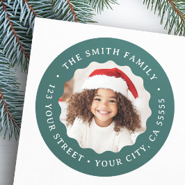 クリスマスの縁ど波状緑色の写真差出人住所 ラウンドシール