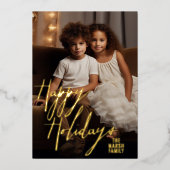 クリスマスの縦型フォト - ゴールドのHappy入り 箔シーズンカード (正面)