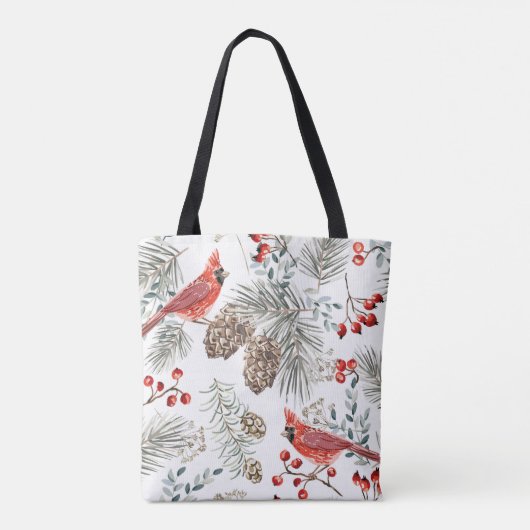 クリスマスの縫い目のないパターン、（鳥）ショウジョウコウカンチョウ鳥、赤いビー トートバッグ (裏面)